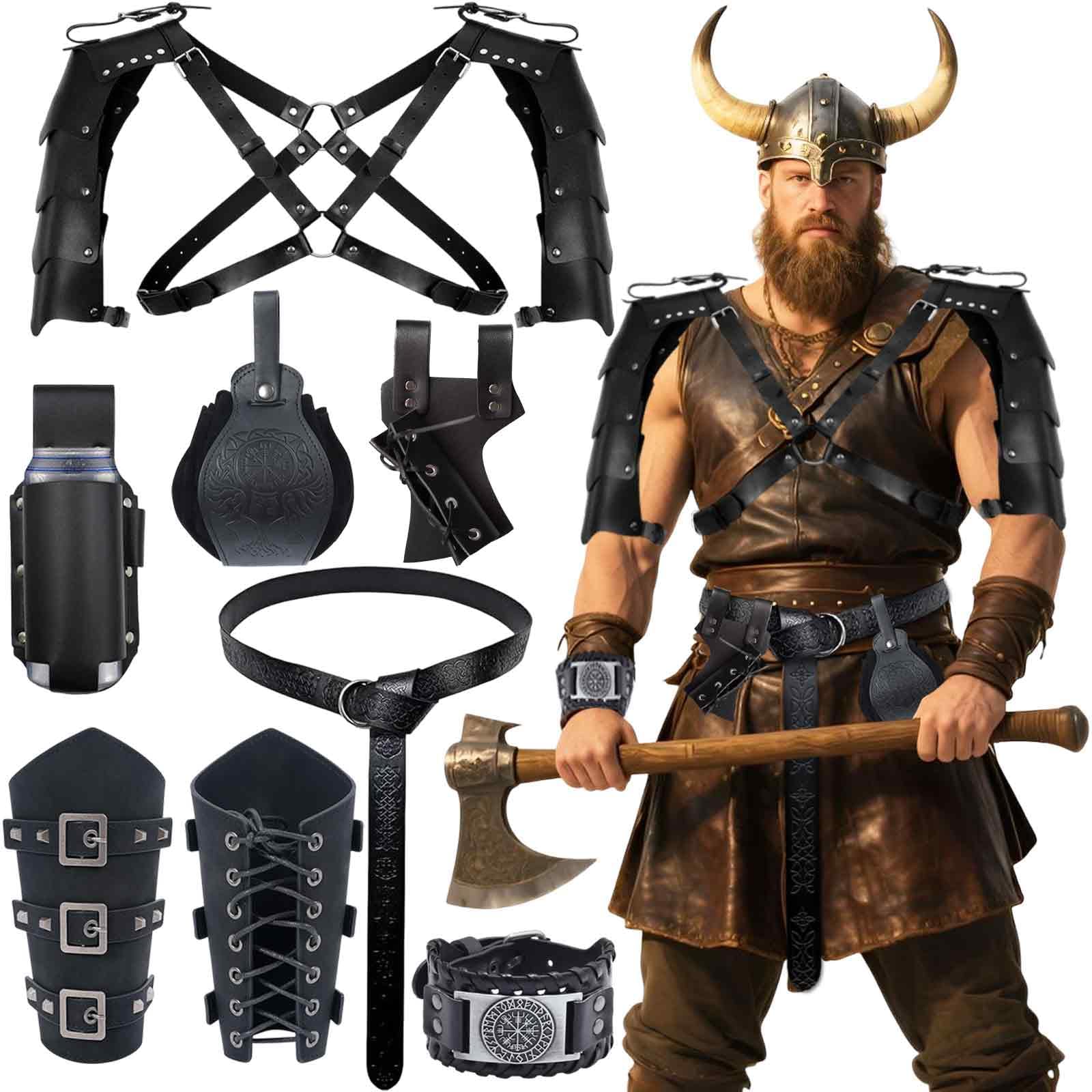 Set de Disfraz Medieval, 7PCS Ropa Medieval para Hombre y Mujer Disfraz Vikingo con Cinturón Muñequeras Accesorios y Brazaletes Conjunto de Traje Renacentista para Halloween Carnaval Cosplay