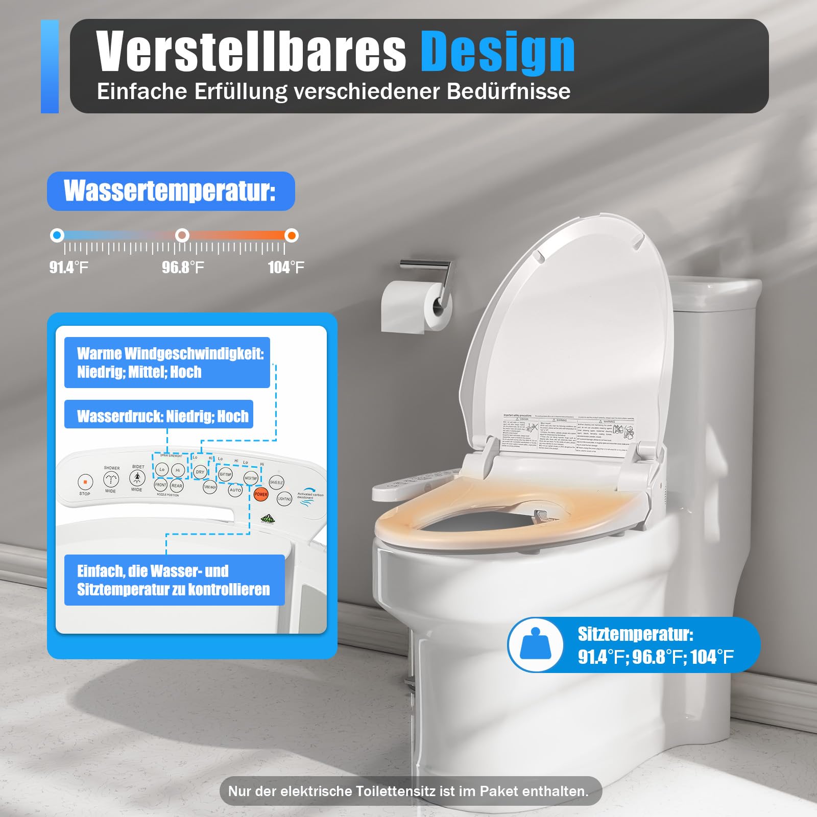 Inteligentna deska sedesowa, bidet, z dyszą, japońska toaleta, podgrzewana deska sedesowa, regulowane ciśnienie wody, suszenie gorącym powietrzem, łatwe czyszczenie