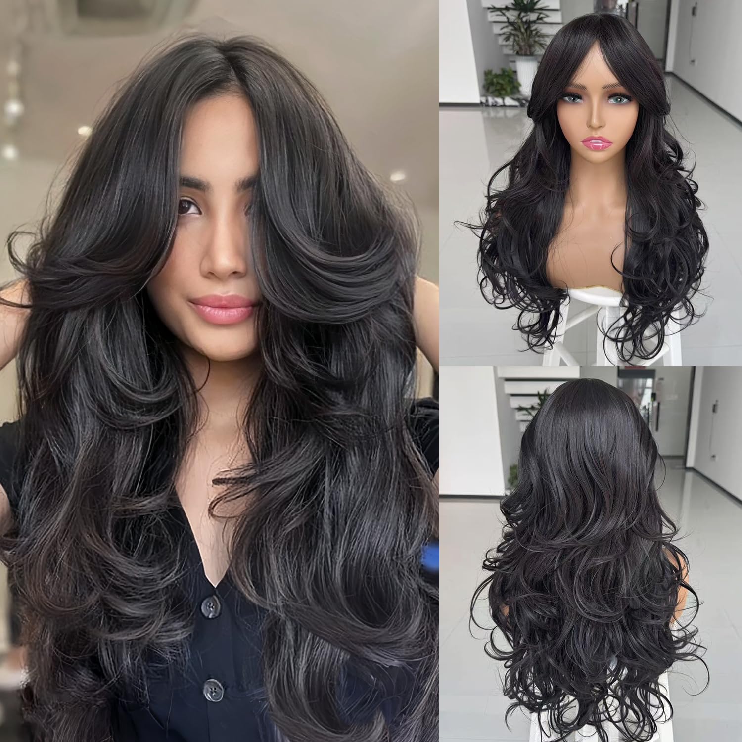 Aisaide Long Wavy Brown Layered Wig with Curtain Bangs for Black Women,Synthetic Layered Long Wavy Natural Brown Shaggy Butterfly Haircut Wigs with