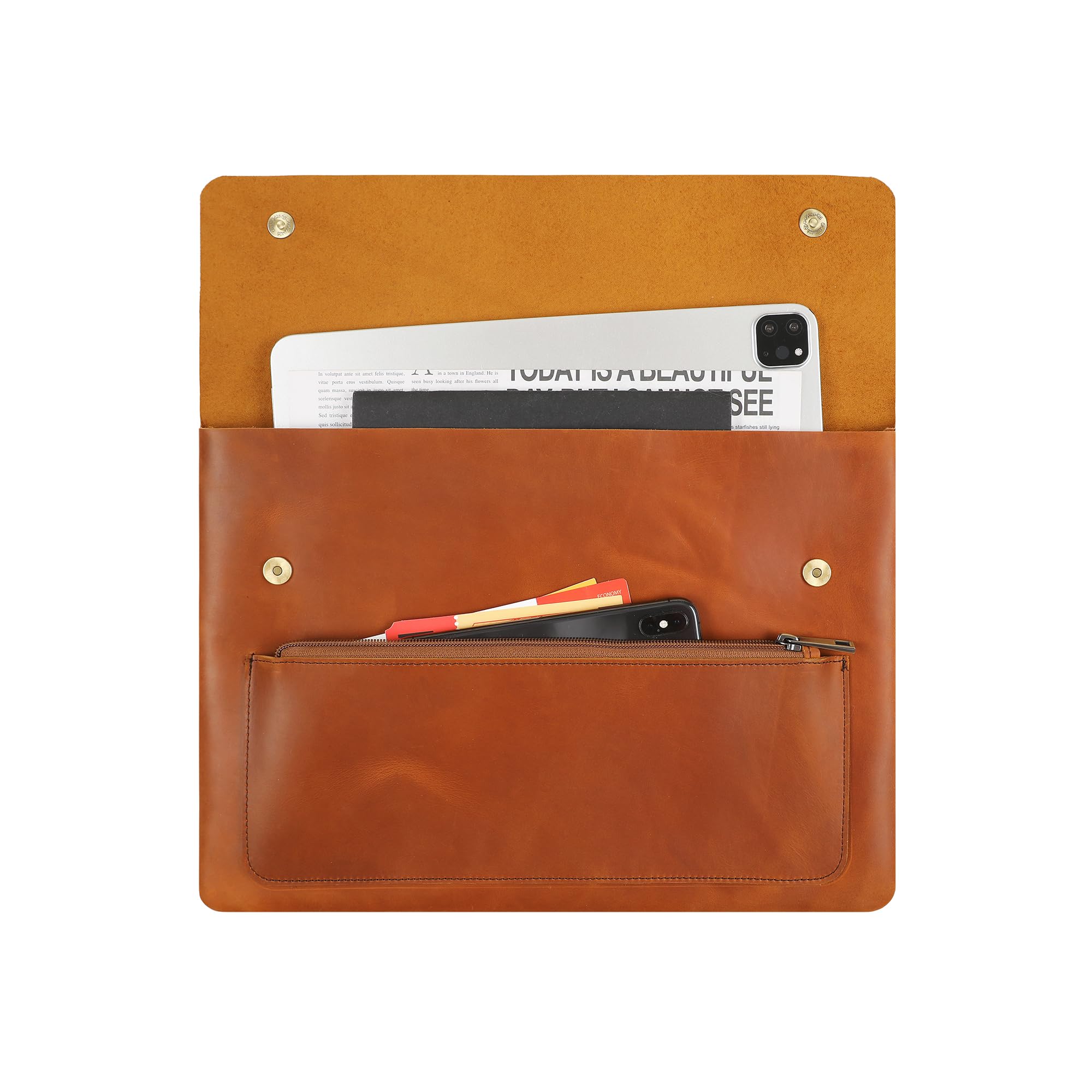 Genuine Leather Sleeve for 13/14/15-in MacBook Pro & MacBook Air, Slim Protective Laptop Case, Folio Document Organizer Leather Folder Portfolio-Brown