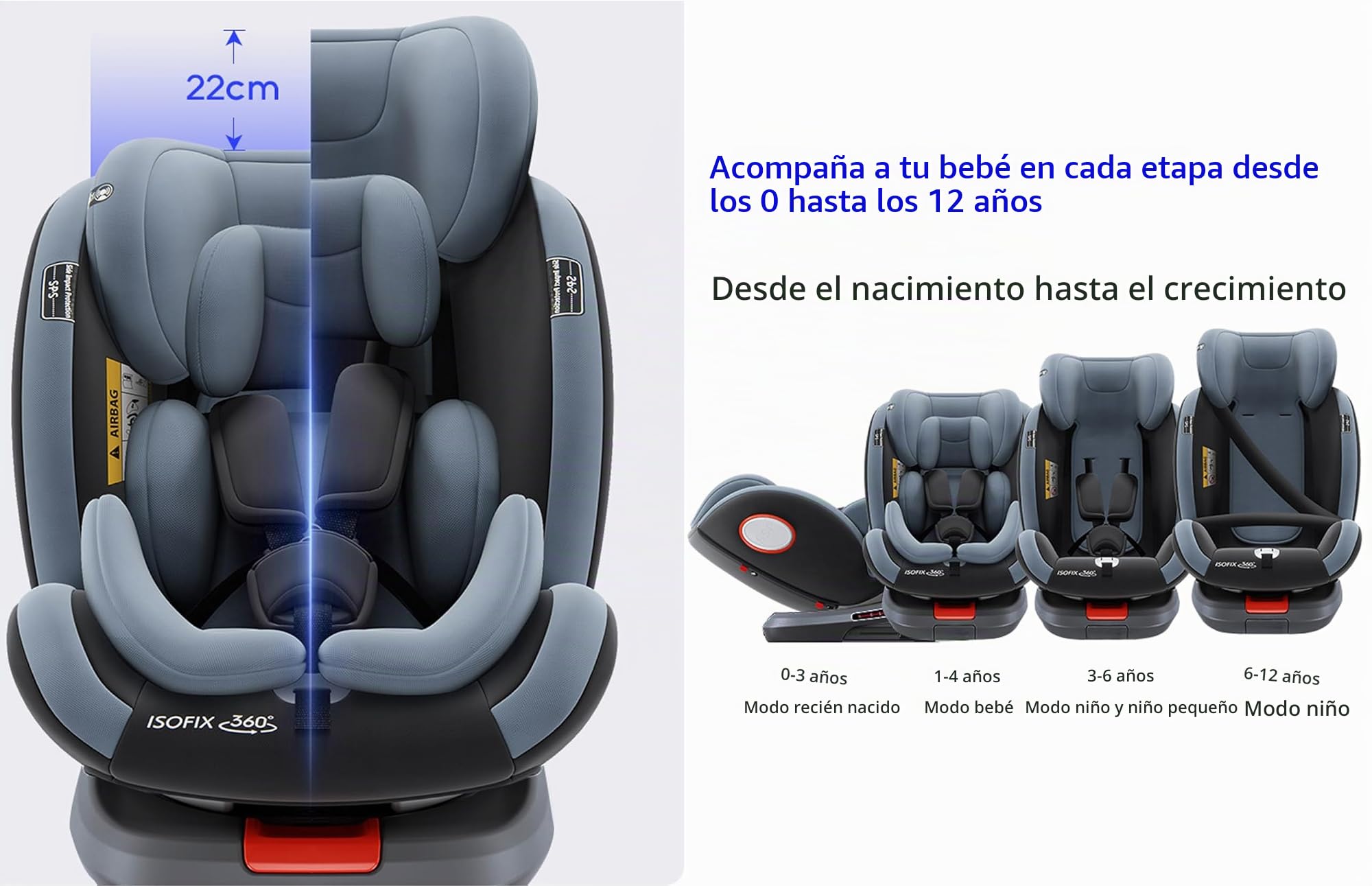 360° Giratorio Silla Coche, Altura e Inclinación Ajustables Silla Coche Bebe, Anticolisión Sillita Bebe Coches, Fácil de Limpiar Sillita Bebes Coches (Grey without Foot Rest Frame)