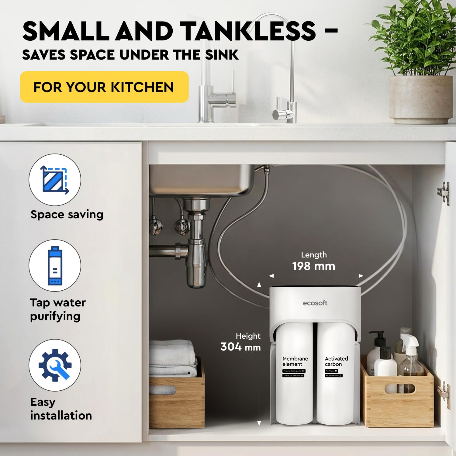 Ecosoft CROSS MAX Umkehrosmoseanlage ohne Tank – Direct Flow Untertisch-RO-Wasserfilter, 800 GPD, 2 L/min, 4-stufige Filtration in 2 Kartuschen, schneller werkzeugloser Kartuschenwechsel
