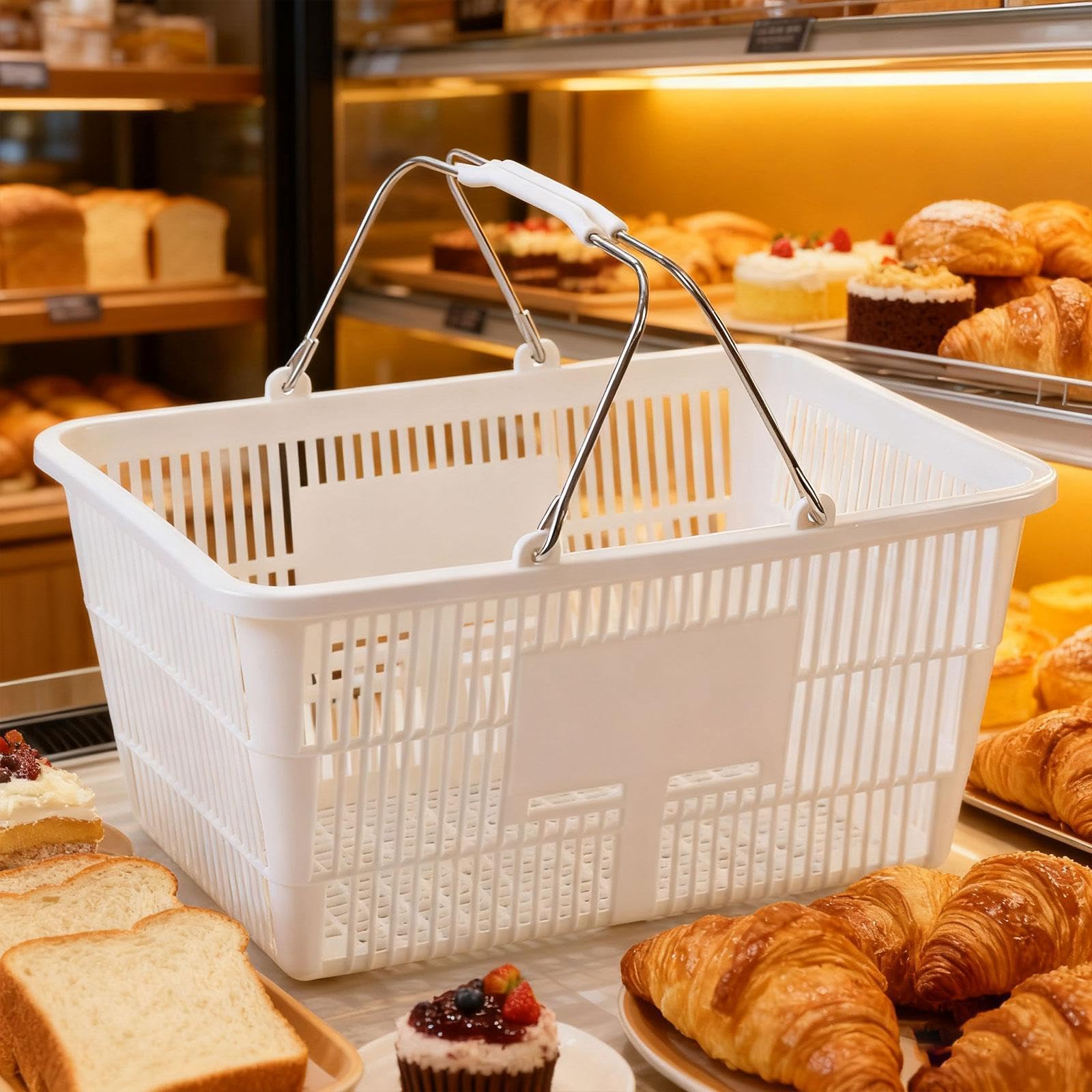 Einkaufskorb mit Griff, Tragbarer, Leichter Metallkorb, Aufbewahrungskorb, Supermarkt Organizer für Lebensmittel, Obst, Badezimmer, Weiß