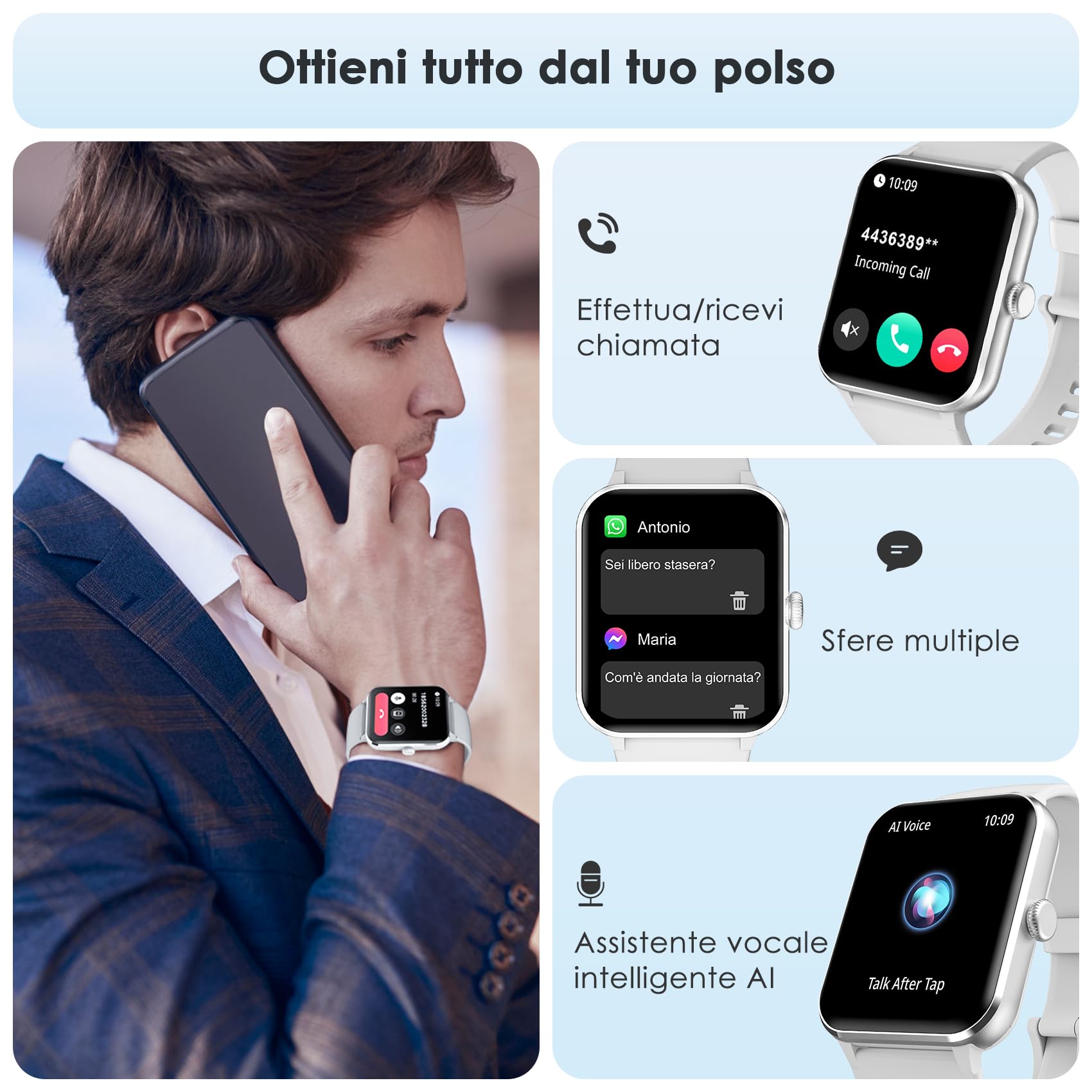 Smartwatch Uomo Donna, Orologio Fitness con Chiamate ,100 Modalità Sportive, 1.85" Smart Watch Monitor del SpO2/Sonno, 24H Cardiofrequenzimetro da Polso Fitness Tracker per iOS Android Smartphone