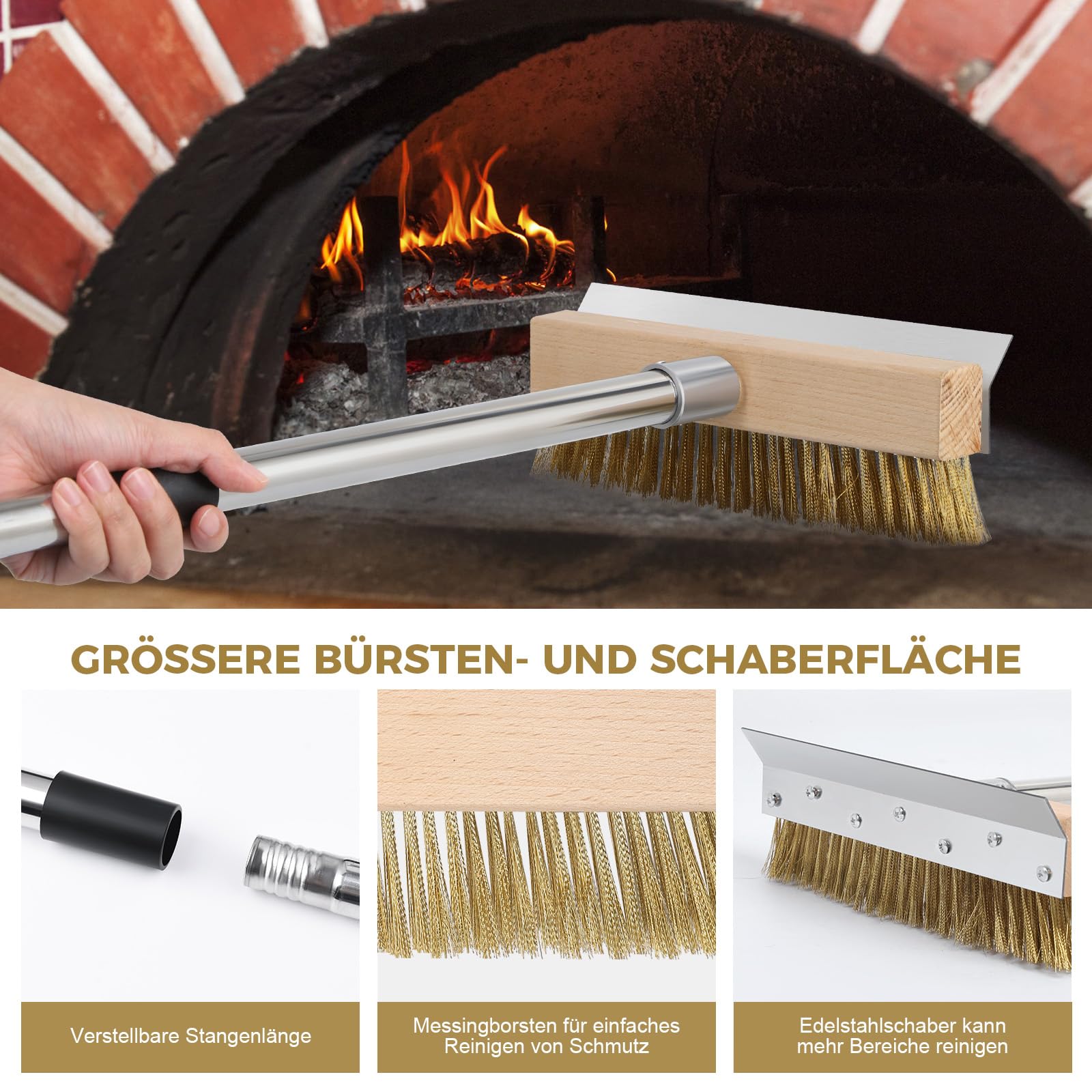 Pizzaofen Bürste, Pizzastein Bürste mit Stahlschaber, Reinigung Pizzaofen,Holzbackofen, Räucherofen, Drahtbürste mit Messingborsten Gewellt