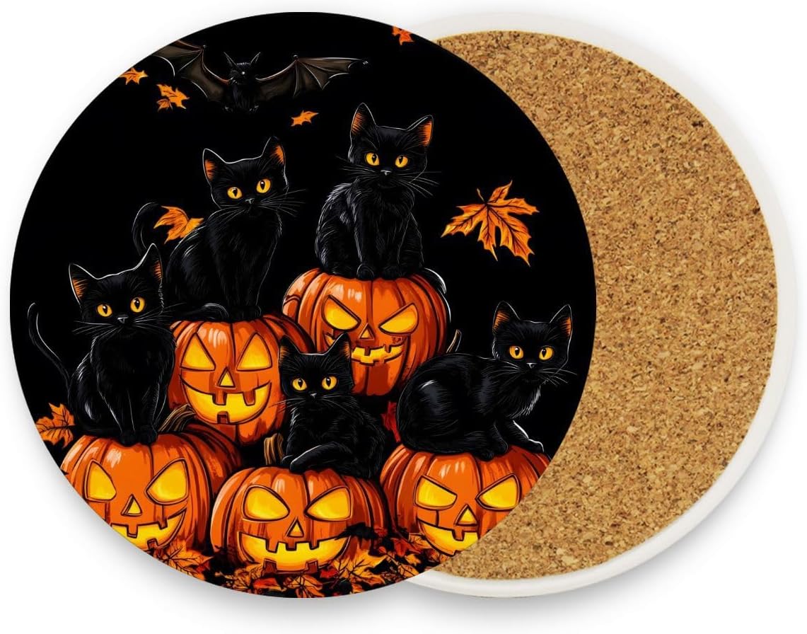 Black Cat Pumpkin Drink Coaster with Cork Base, Round Moisture Absorbent Coasters Set Tabletop Protection Prevent Furniture Damage