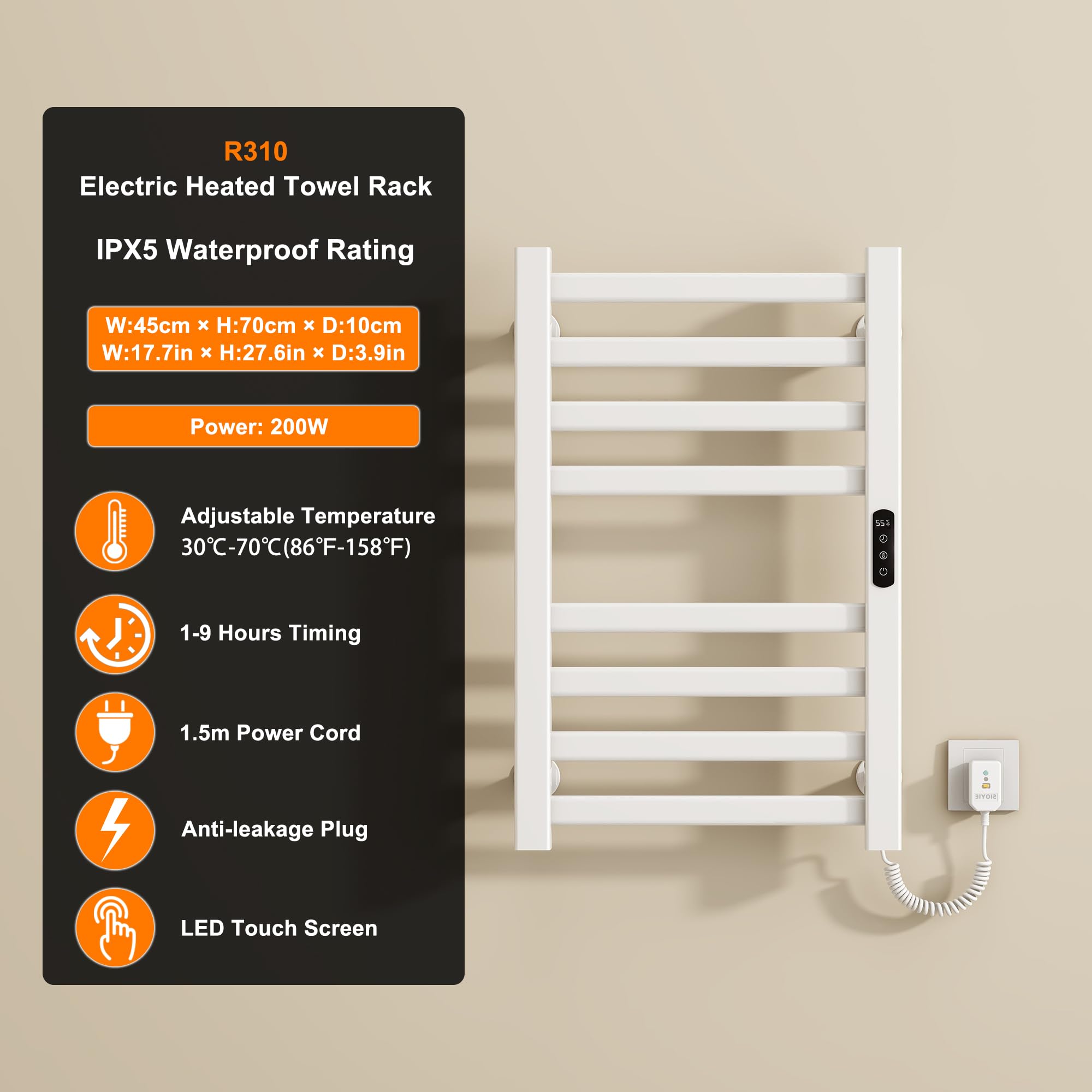 Radiador de Toallas 450x700mm Toallero Eléctrico Bajo Consumo Secador de Toallas Radiador Toallero eléctrico inteligente Calienta Toallas, calefacción de fibra de carbono, antracita-White Right