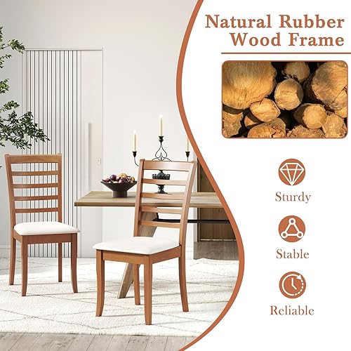 Miniatura 5 de Giantex Juego de 4 sillas de comedor de madera, moderna silla de cocina tapizada con patas de madera de goma, respaldo alto de listones, asiento