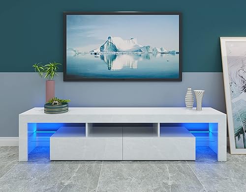 Miniatura 2 de Soporte de TV LED brillante para televisores de 65 pulgadas, centro de entretenimiento con luces LED, soporte de TV negro con cajones de Blanco-2