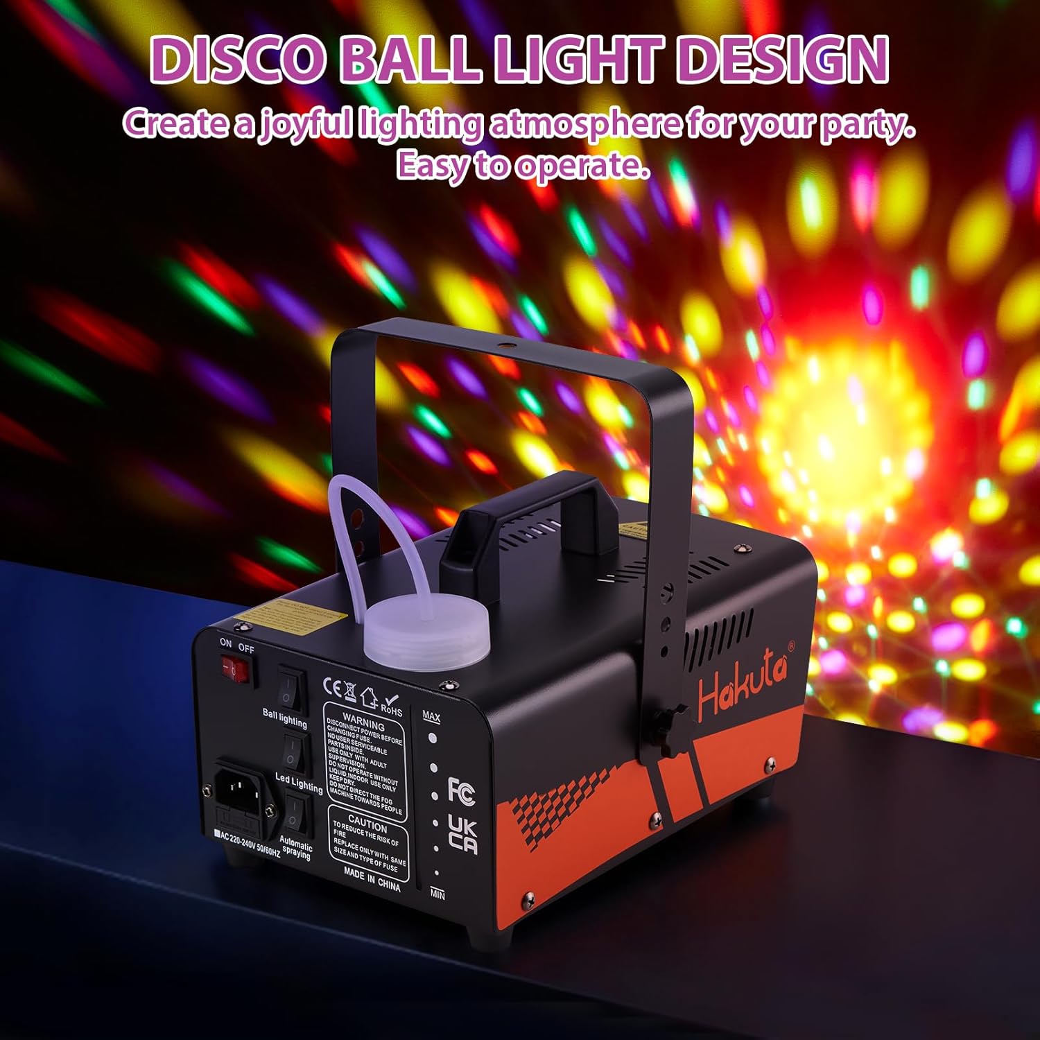 HAKUTA Fog Machine, Smoke Machine with Disco Ball Light and LED RGB Lights, 3000 CFM Spray with Auto Spray Function, Great for Halloween, Christmas, Wedding, Stage Performance and Parties
