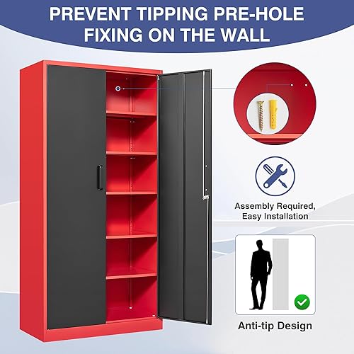 Miniatura 42 de Armario de almacenamiento de metal con cerradura, gabinete de almacenamiento de 72 pulgadas de alto con puertas y estantes ajustables, armarios de