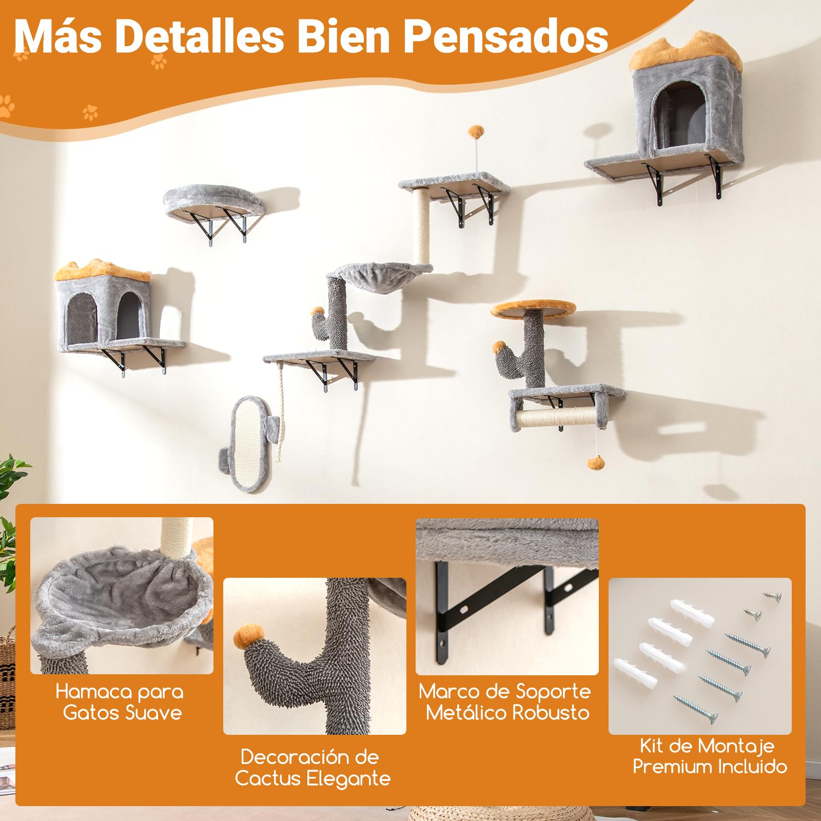 GYMAX Torre de Escalada para Gatos Montada en la Pared, con Plataforma de 2 Niveles, 2 Condos, Árbol para Gatos, Cama Cómoda y Rascador de Sisal, Ideal para Salón o Dormitorio, Estructura Robusta