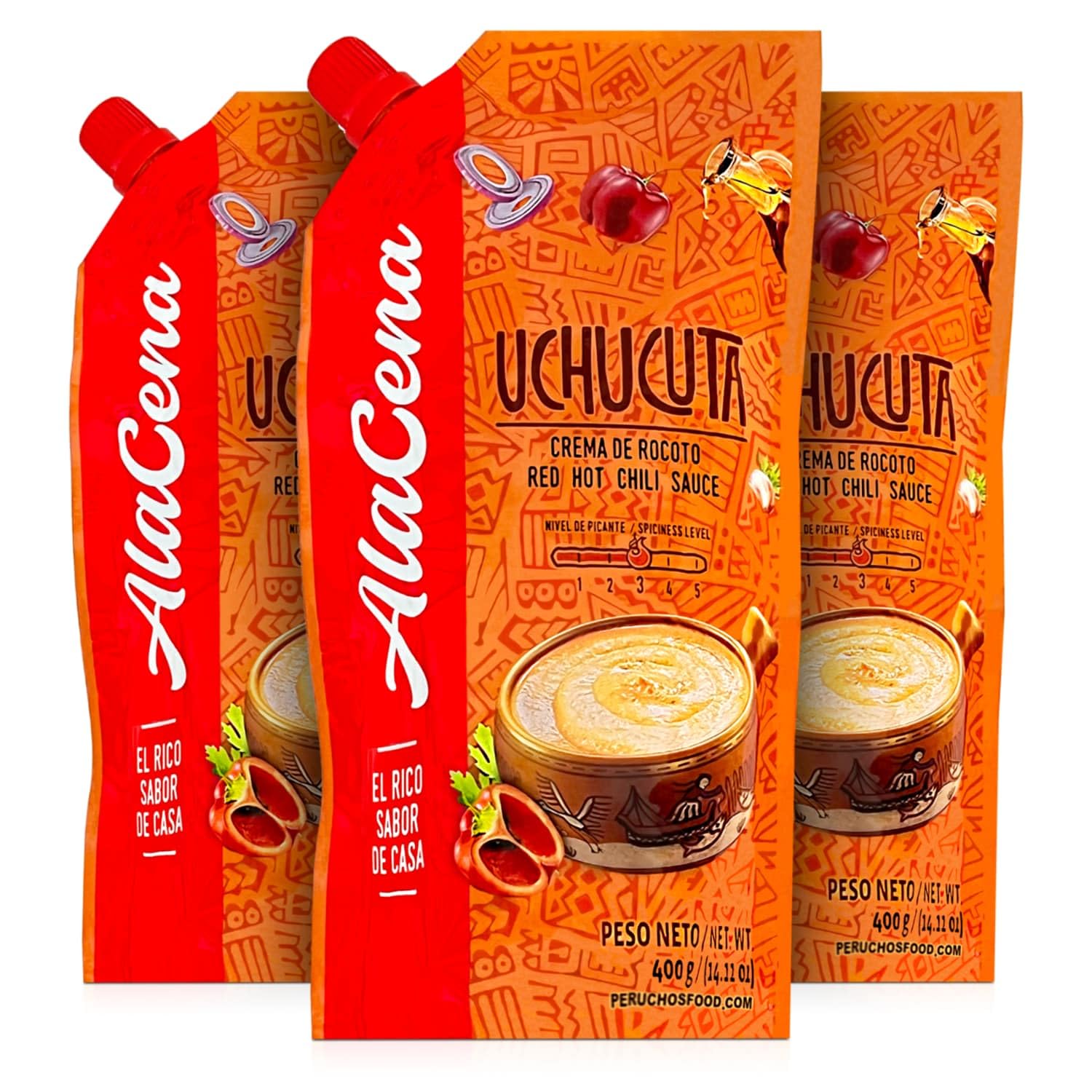 Crema de Rocoto Uchucuta Nuevo Paquete 400 g | Peruvian Red Hot Chili Sauce New Package 14 oz (3 Pack)