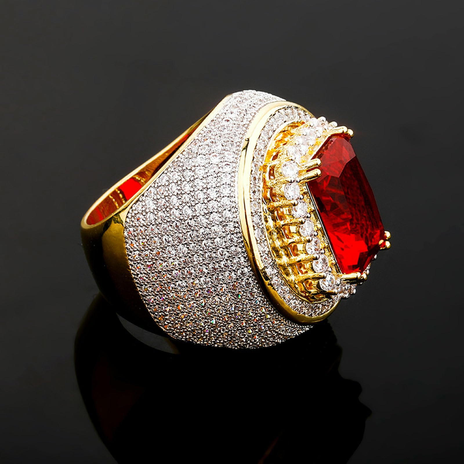 Herren-Ring mit kubischem Zirkonia und Rubin, auffälliges Retro-Design, Statement-Schmuck, übertriebener Vintage-Stil, Band, Geschenk für ihn