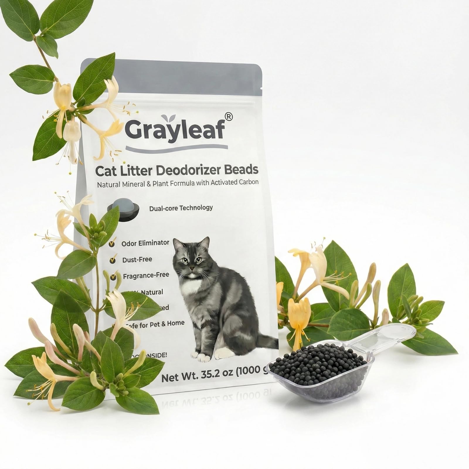 Grayleaf® 35.2oz (1kg) Value Size Cat Litter Deodorizer — Unscented Odor Eliminator — High-Efficiency Additive Keeps Litter Dry & Fresh — Dust-Free, Baking Soda Free
