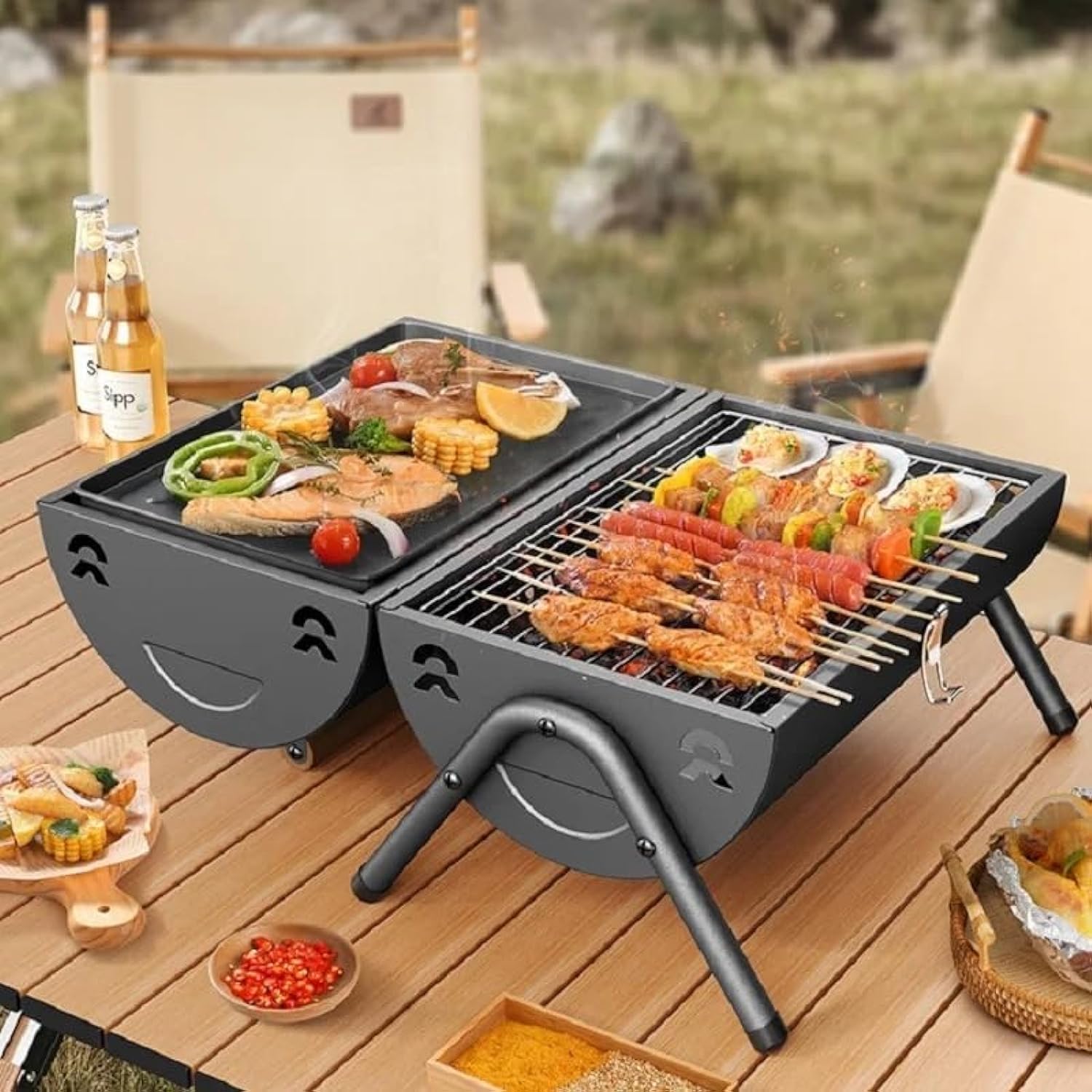 VIO® Barbecue Grill Stainless Steel Charcoal Grill Foldable Durable Outdoor Household Camping BBQ Smoker for Outdoor Cooking Picnic Patio Backyard Camping Cooking