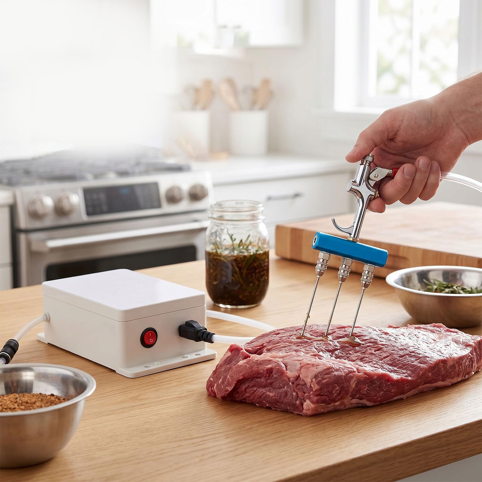 Haofy Marinade-Injektor, Elektrische Fleisch-Injektorpumpe mit Schlauch, 10 Nadeln für Smoker, Marinaden, Grill-Injektoren, Braten, Truthahn, Rindfleisch, Grillküche (EU-Stecker)