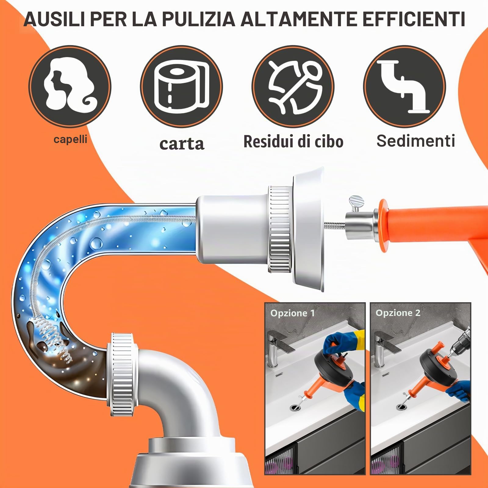 Sonda Sturatubi 10 m, Molla Sturatubi Professionale per Stura Lavandini e Scarichi, Elettrico & Manuale Stura Tubi di Scarico con Attacco per Trapano, per Cucina, Bagno, WC