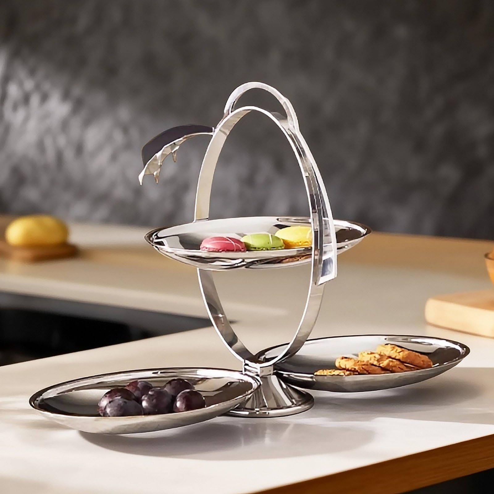 Alzatina Pieghevole a 3 Piani Salvaspazio Vassoio da Portata in Acciaio Acciaio Inossidabile Design Moderno Centrotavola a 3 Vassoi per Buffet, Feste, 45-20-28cm, Espanso
