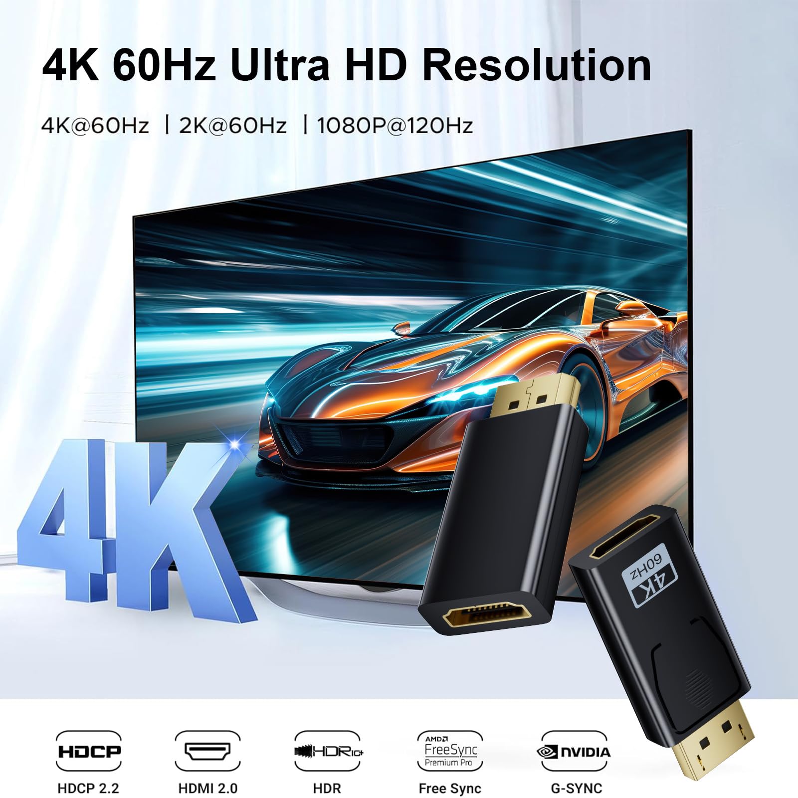 Adapter wyświetlacza 4K na HDMI, jednokierunkowy DP na HDMI 4K 60Hz/2K 60Hz/1080P @120Hz, adapter Displayport na HDMI, kompatybilny z Dell, HDTV, projektorem, monitorem, AMD, GPU, NVIDIA