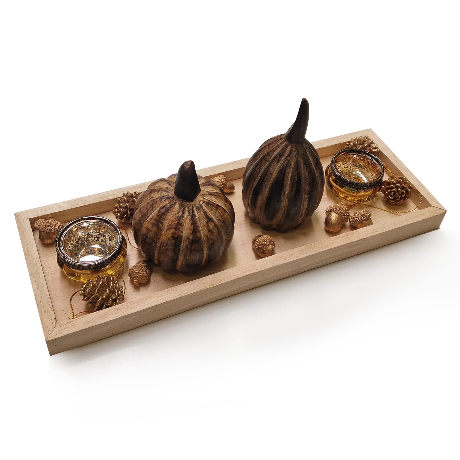 Logbuch-Verlag Décoration d'automne avec citrouilles, glands et photophores aux couleurs naturelles et dorées sur un plateau en bois de 40 x 13 x 14 cm
