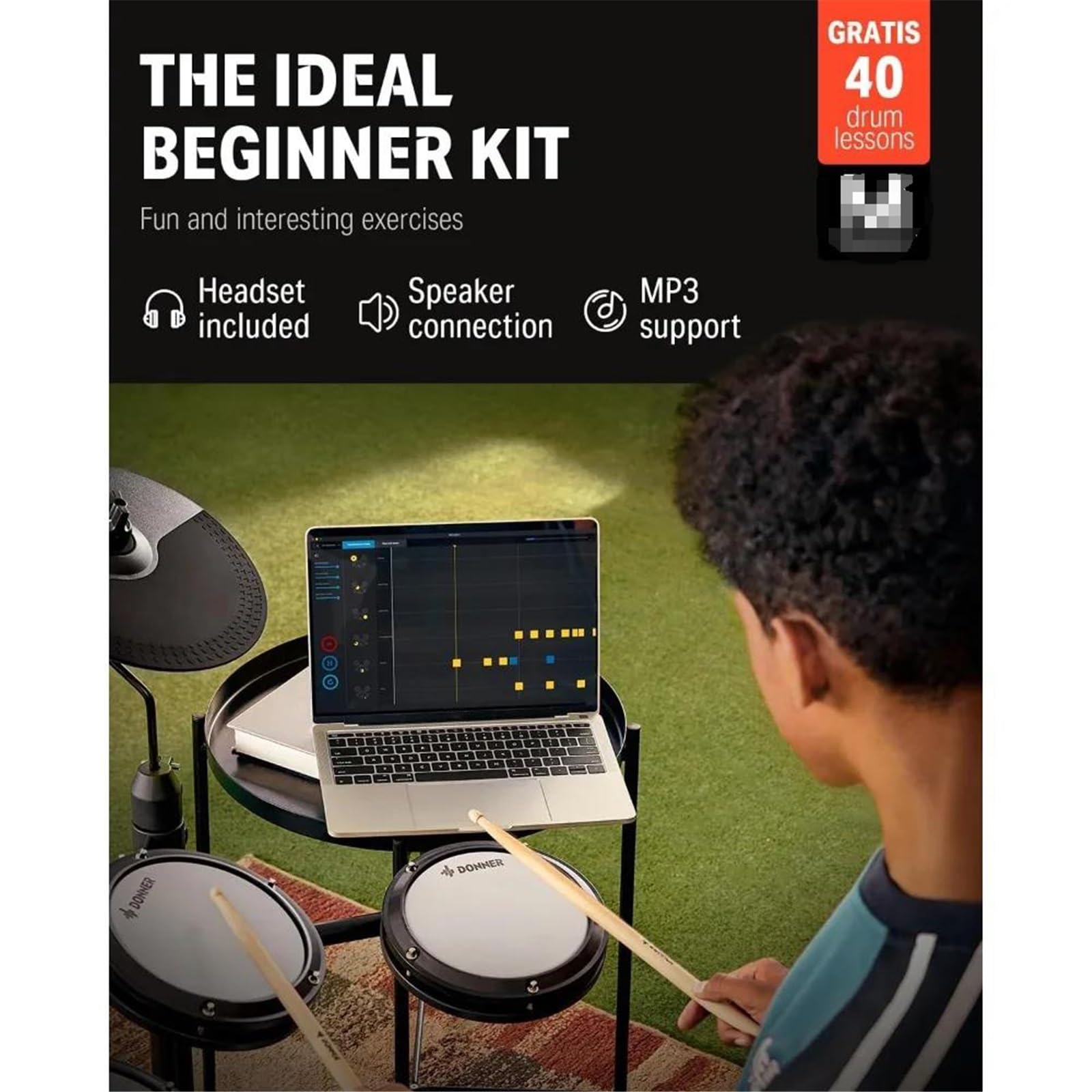 Set Di Batteria Elettronica Con 4 Pad Silenziosi In Mesh 180+ Suoni 2 Pedali Trono Cuffie Bacchette E Lezioni Di Melodica