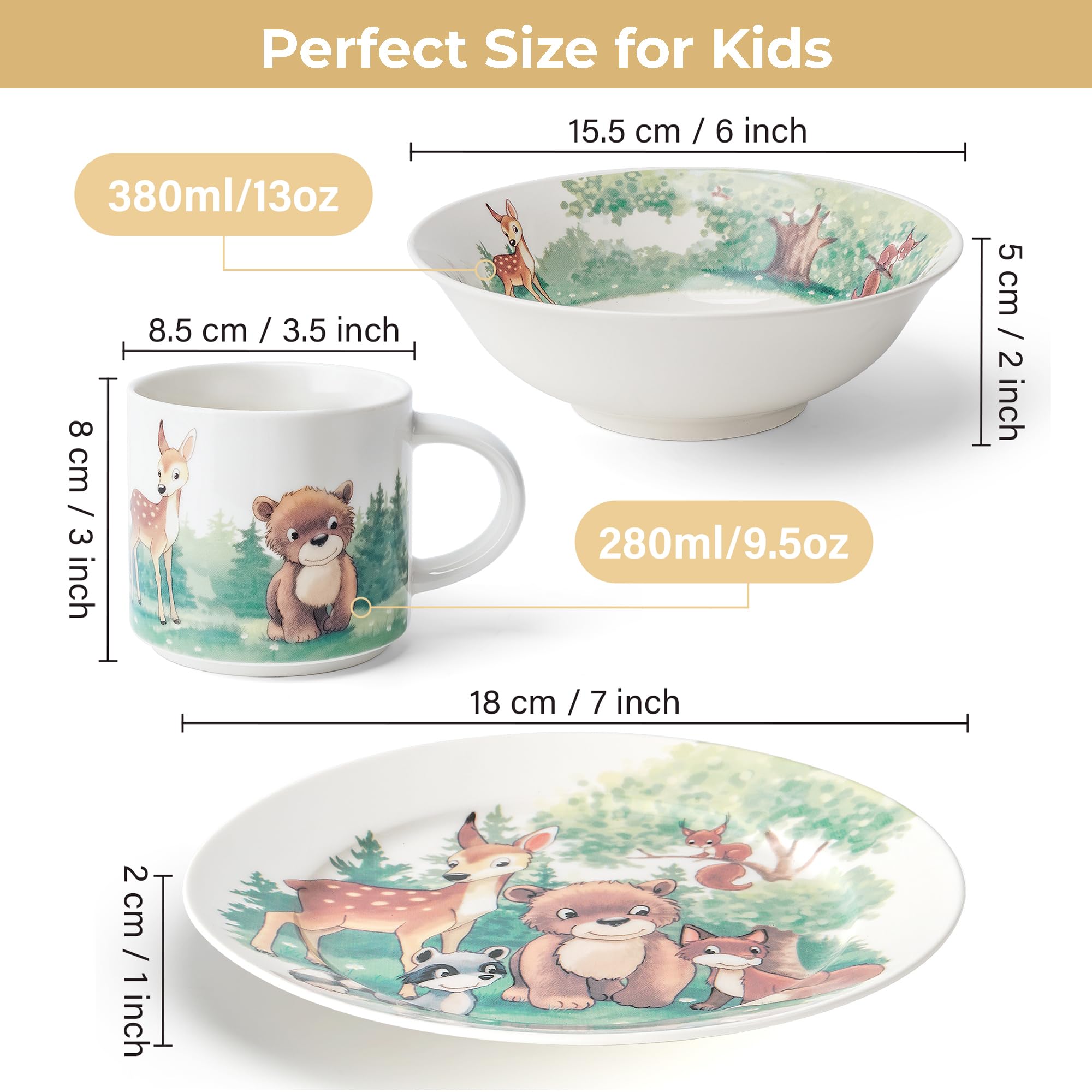 MIAMIO, Set of 3 Kids Dinnerware Set/Porcelain Children Dishes, Kids Dish Set, Children’s Tableware Set, Includes Plate - Image 2