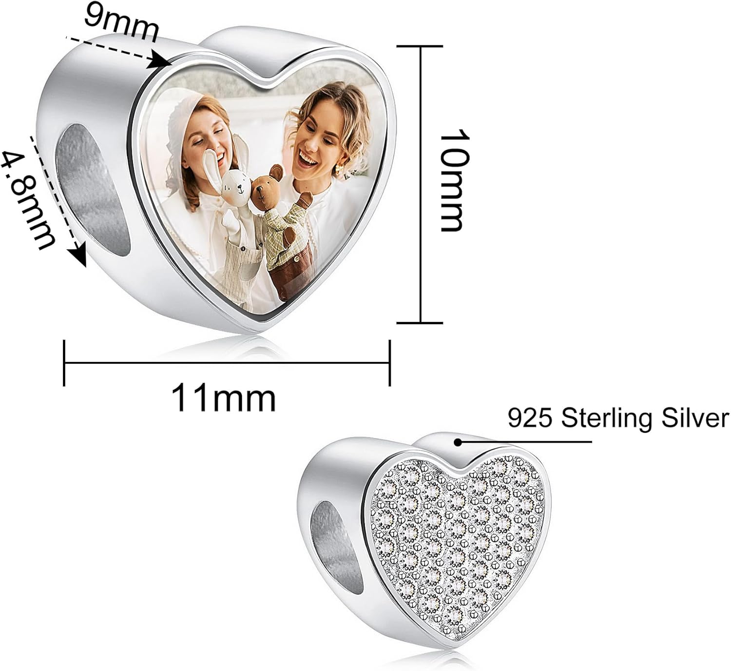 MeMeDIY Custom Photo Charm Bead Fit Women Bracelets & Necklaces - 925 Sterling Silver Personalized Heart/Square Charm Holds 1/4 Picture - Silver/Gold/Rose Gold Love Bead Gifts for Women & Family