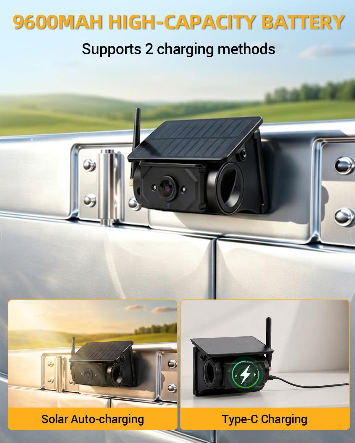 Telecamera retromarcia solare HD wireless magnetica WiFi, batteria 9600mAh, visione notturna IR, impermeabile IP67, per camion, SUV, camper, rimorchi