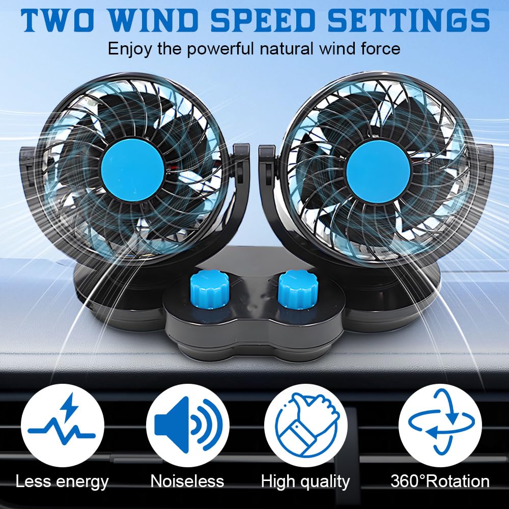 Ventilatore Auto a Doppia Testa 12V, 360° Ruotabile Ventilatore Silenzioso Potente, 2 Velocità con Presa Accendisigari, Potente e Silenzioso, per SUV RV ATV Camion Campe