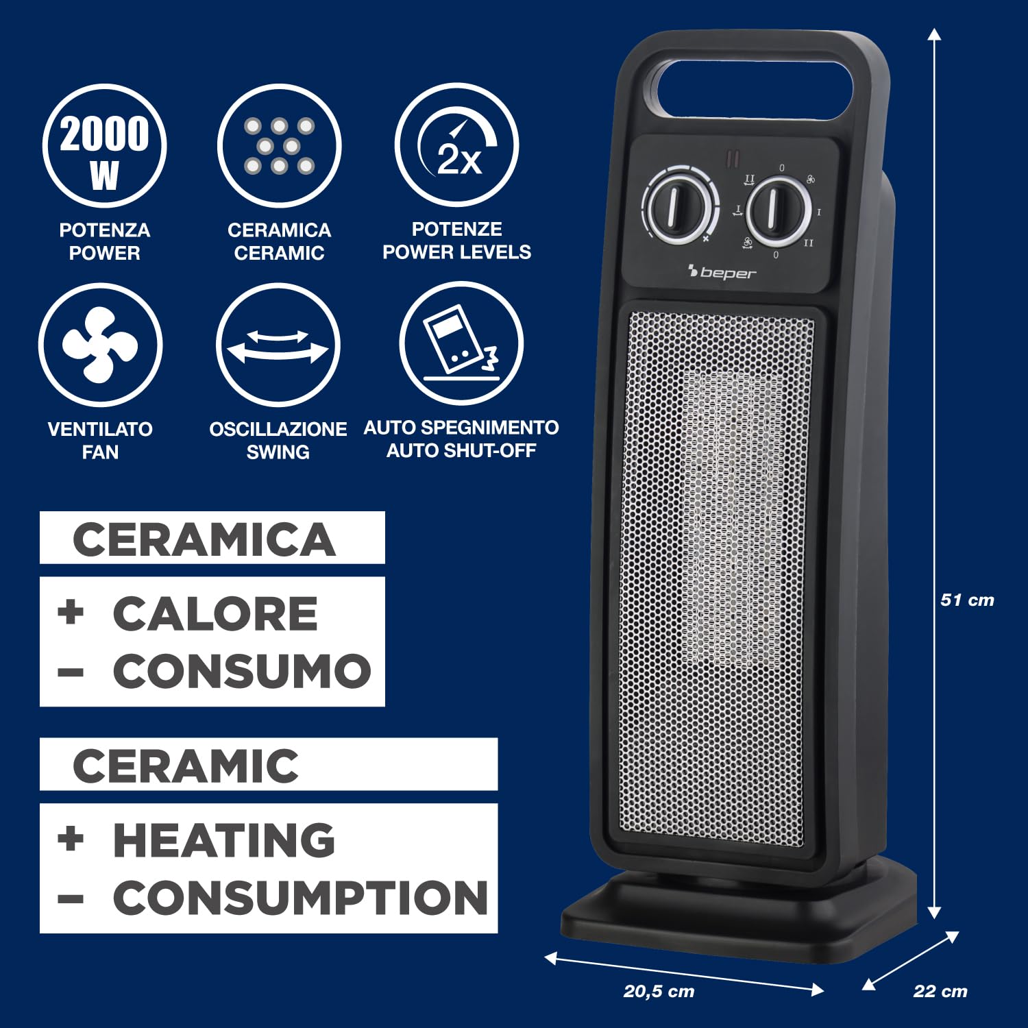 BEPER P203TER002 Termoventilatore Ceramico a Torretta, Stufetta Elettrica 2000W con Oscillazione Automatica, Termostato Regolabile, 2 potenze, Sicuro con Autospegnimento