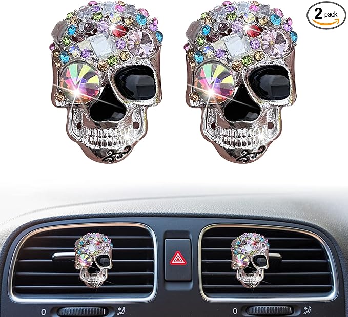 Bling Skull Air Vent Clips, 2 Pcs Crystal Skull Car Air Fresheners Vent Clips Diffuser Vent Clip Rhinestone Diamond Car Decoration Cute Interior Decor Bling Accessories for Women