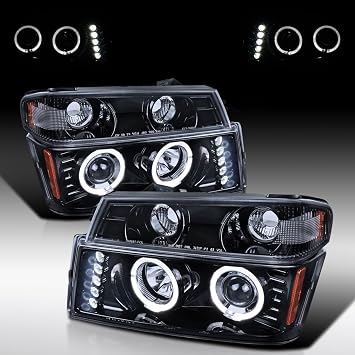 Autozensation Compatible with 2004-2012 Chevy Colorado, 2004-2012 GMC Canyon, Left + Right Pair Headlamps Assembly, Glossy Black Smoke LED Halo Projector Headlights + Bumper Lights