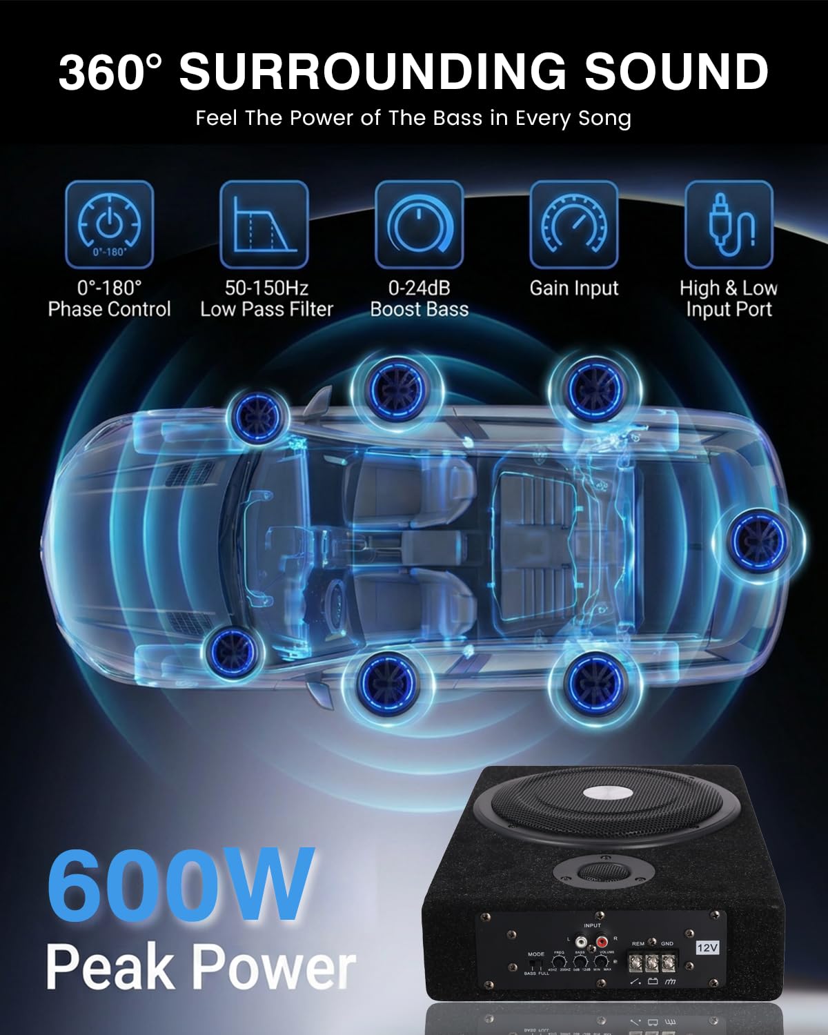 Radio Ultraflacher Auto-Subwoofer, Adecuado para sedanes/Camiones, con Amplificador Integrado, montable bajo los Asientos, Potencia máxima de 600 W, subwoofer Compacto de 8 Pulgadas