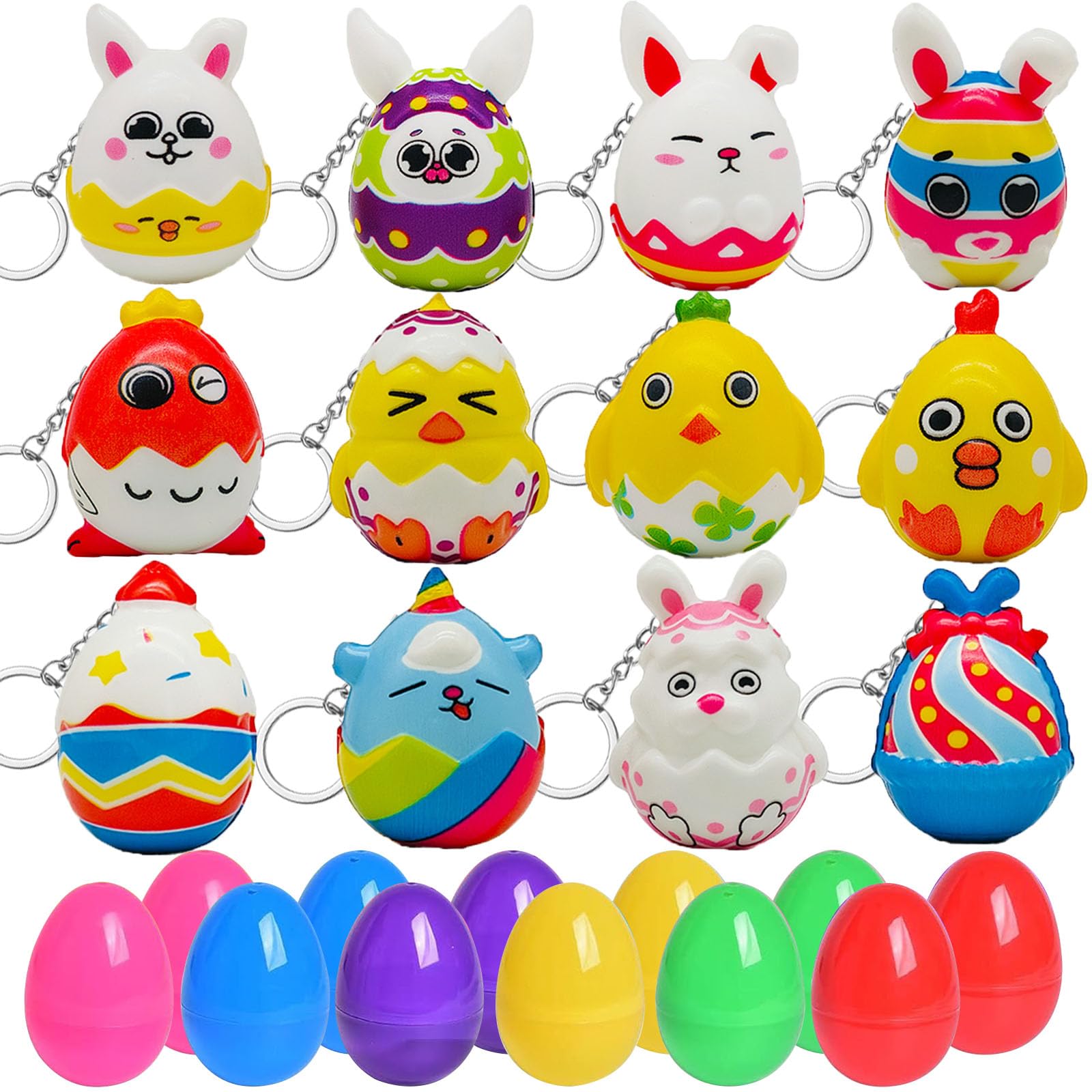 12PCS Filled Easter Eggs with Animal Squeeze ToysEaster Eggs Hunt Kit, Cute Small Stuffed Basket Animal Keychain Set,Prefilled Easter Eggs for Kids Party Favours Classroom Prizes