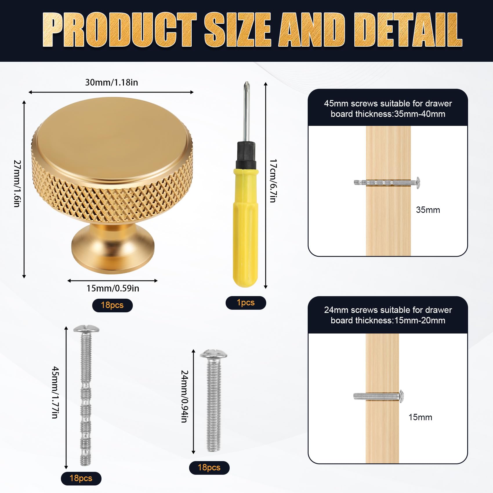 omolly 18 Pack Gold Cabinet Knobs with 36 Pcs Screws and Screwdriver, Aluminum Alloy Drawer Knobs - Image 2