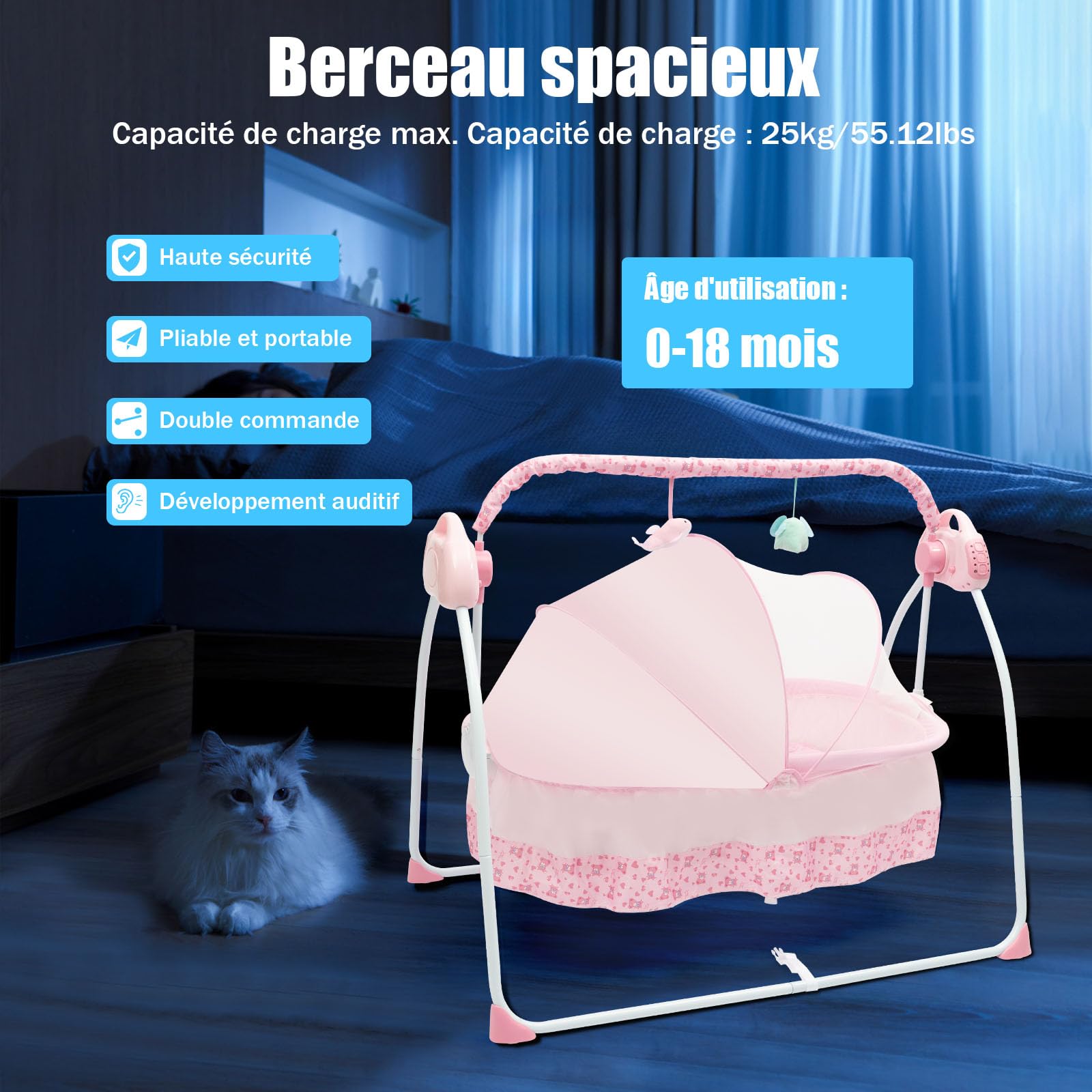 Berceau électrique pour bébé, lit Bebe indépendant, 0-25 kg, 100 * 75 * 86cm, transat Automatique avec Bluetooth, 5 réglages de Balancement, Berceau Pliable et Portable, Rose