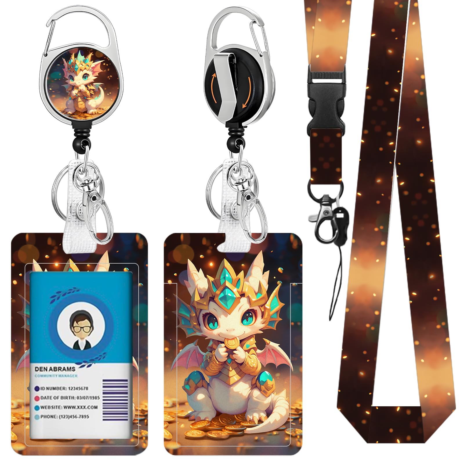 Cute Dragon Lanyard for ID Badge, Cartoon ID Badge Holder with Retractable Reel Clip, Gifts for Girls, Identity Badge Cover Case Protector for Student Teacher