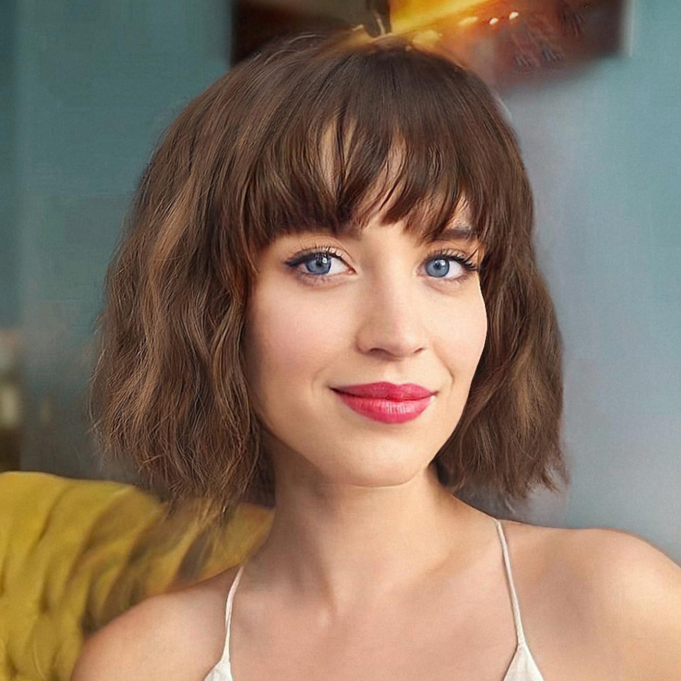 AISI HAIR Light Brown Wig with Bangs for Women, Short Brown Bob Wigs for Women, Synthetic Short Curly Wave Wigs Heat Resistant Fiber Hair Wigs for Daily