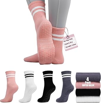 SPORTIC Pilates Socks with Grips for Women, Non Slip Yoga Socks Barre Crew Grippy Sticky Socks for Workout, Dance, Hospital 4 Pairs Athletic Anti Skid Grip Socks
