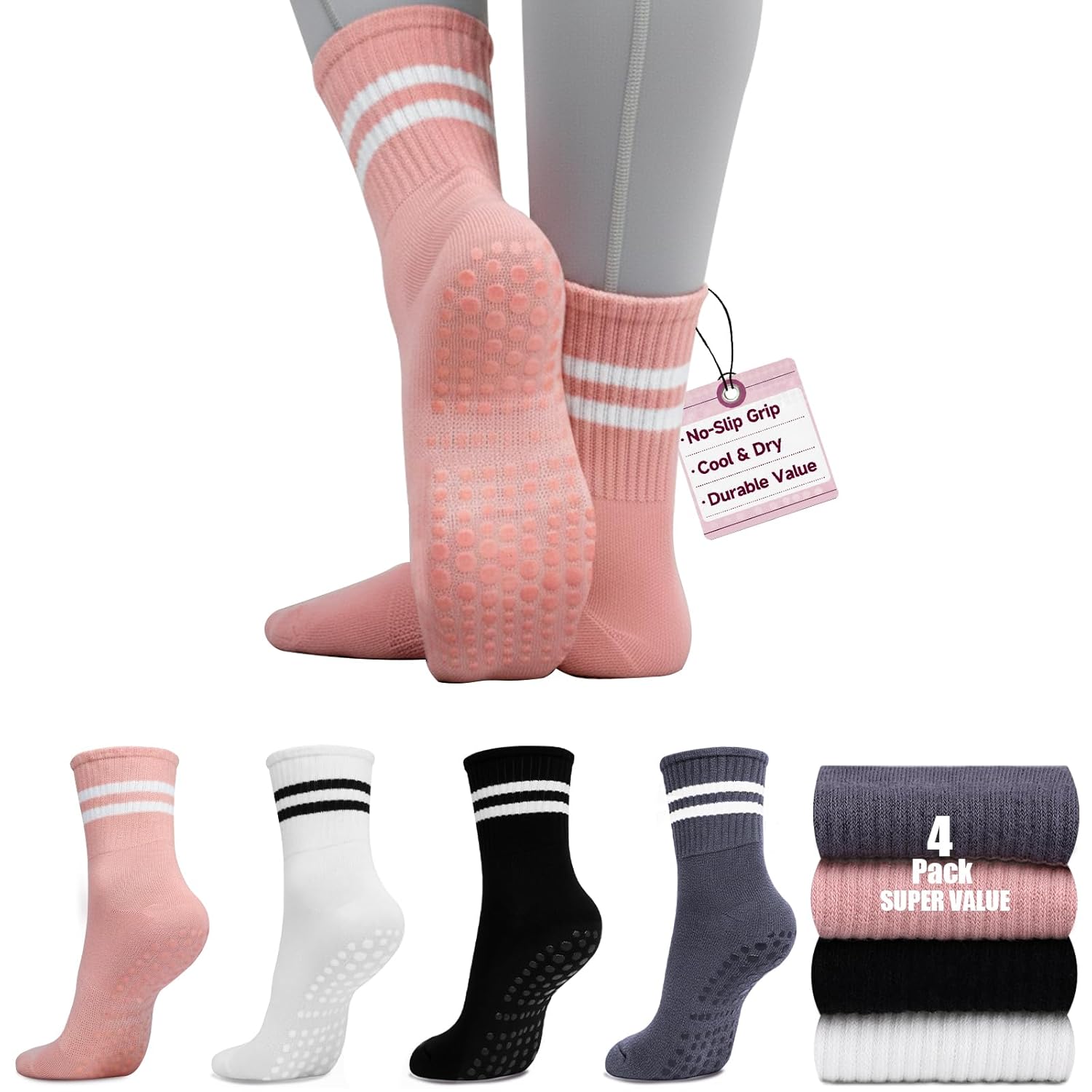 SPORTIC Pilates Socks with Grips for Women Non Slip Yoga Socks Barre Crew Grippy Sticky Socks for Workout
