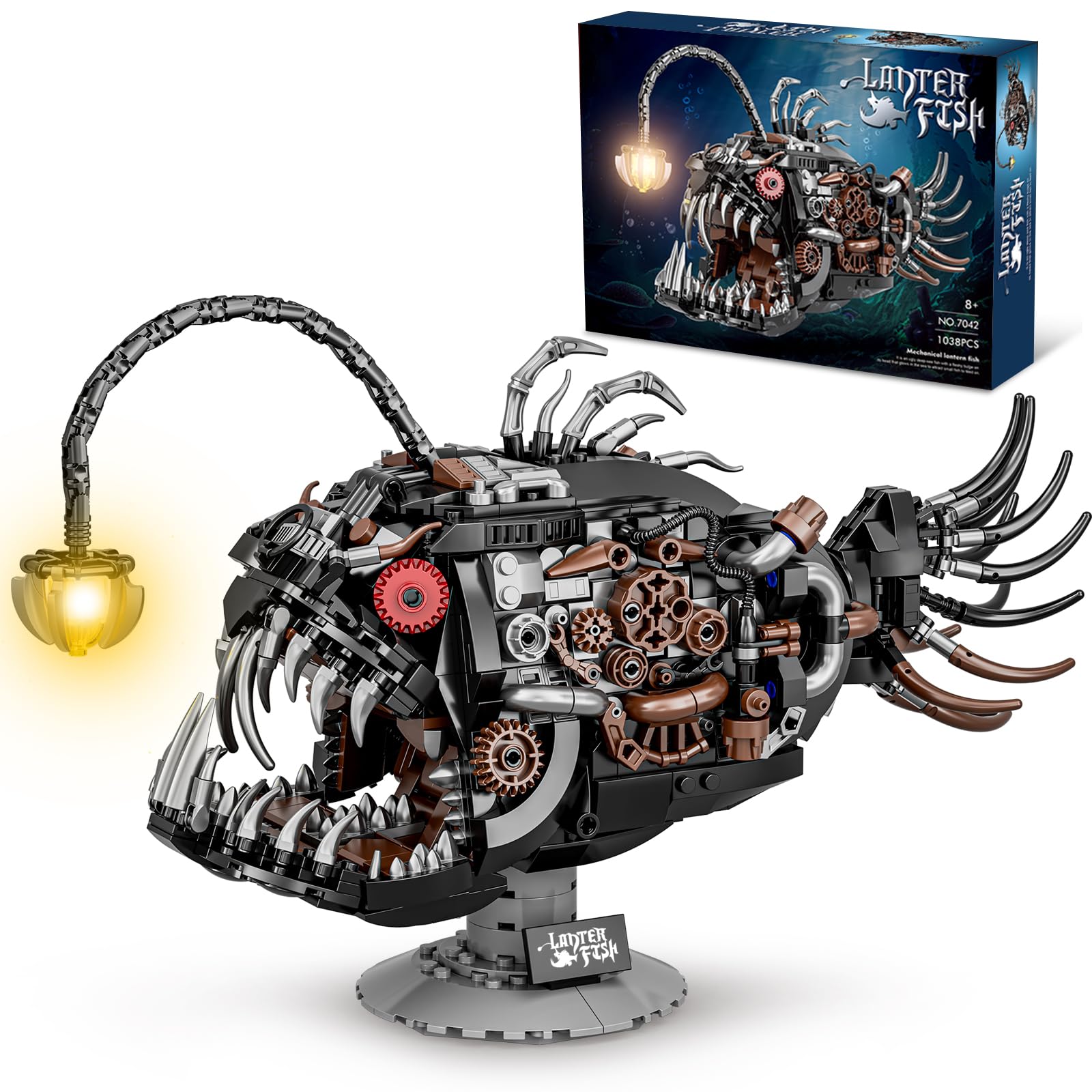 QGGQ Mechanical Angler Fish Building Set with Light, Creative Ocean Lantern Fish Animal Toy for Home Office Decor, Compatible with Lego Shark, STEM Gift for Adults Teens Boys 8-14+ (1038 PCS)