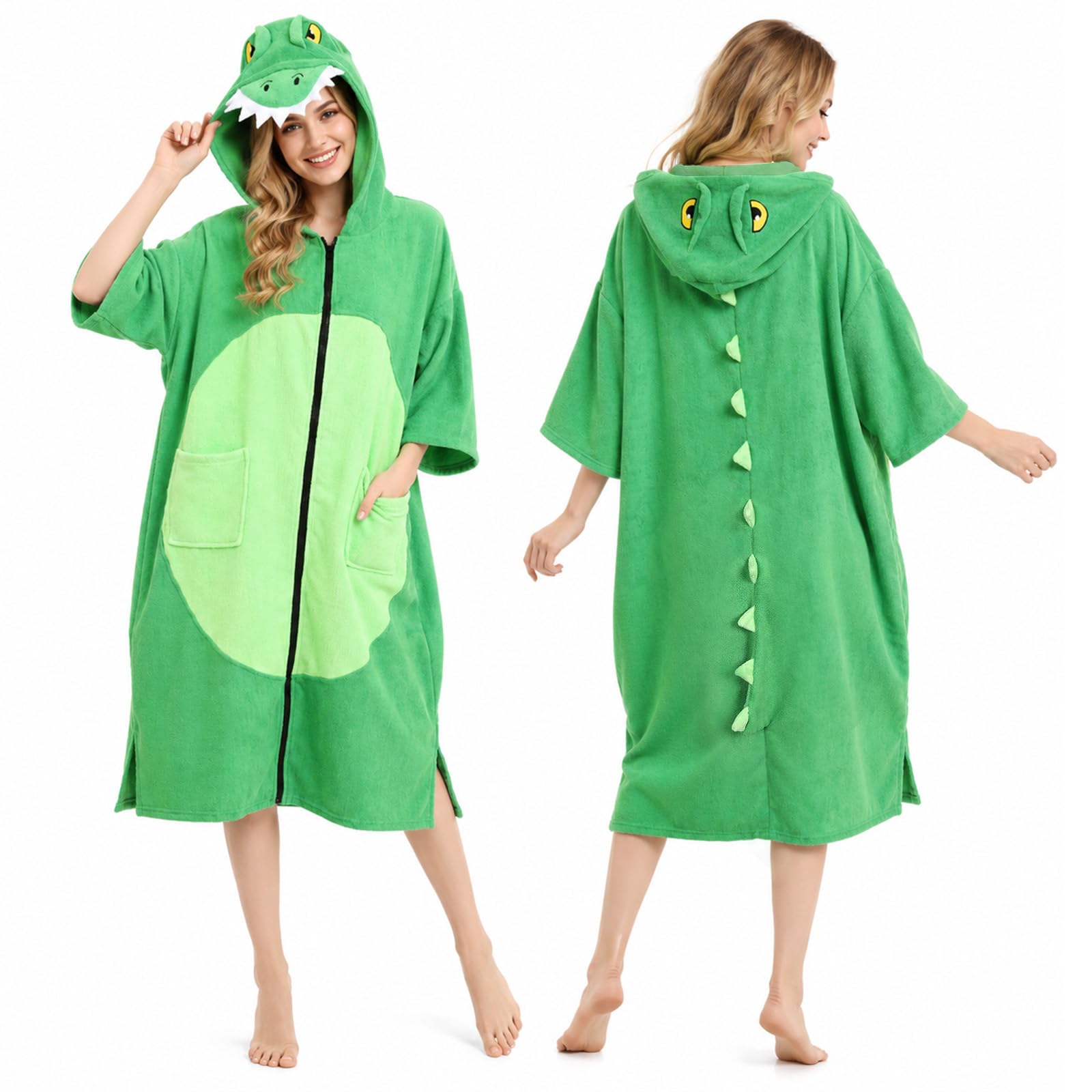 Emwwat Surf-Poncho mit Reißverschluss, übergroß, mit Kapuze, Strandtuch, schnell trocknend, Mikrofaser-Handtuch, Poncho für Strand, Surfen, Schwimmen (grüner Dinosaurier)