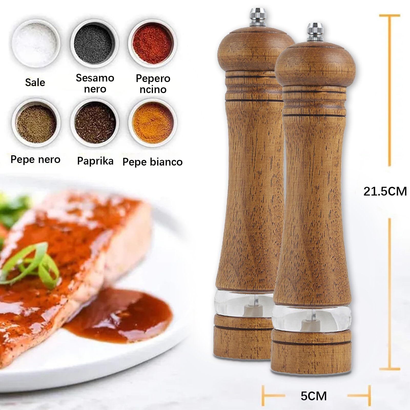 Macina Pepe Set di 2 Pezzi Legno,Macina Sale e Pepe Manuale con Trasparenti Finestra in Acrilico,Saliera e Pepiera con Regolabile Macinino in Ceramica per Sale, Pepe, Spezie,Macinapepe Manuale