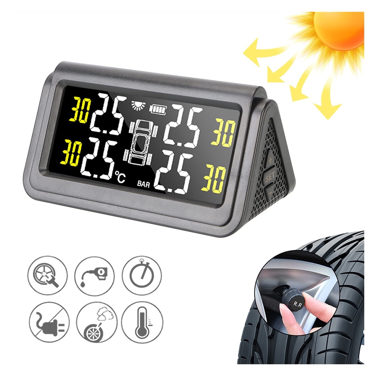Sistema de Control de presión de neumáticos Solar TMPS. Alarma de Coche Inalámbrico 4 Sensor de presión de neumáticos Pantalla LCD Digital USB Sistema de Control de presión de neumáticos