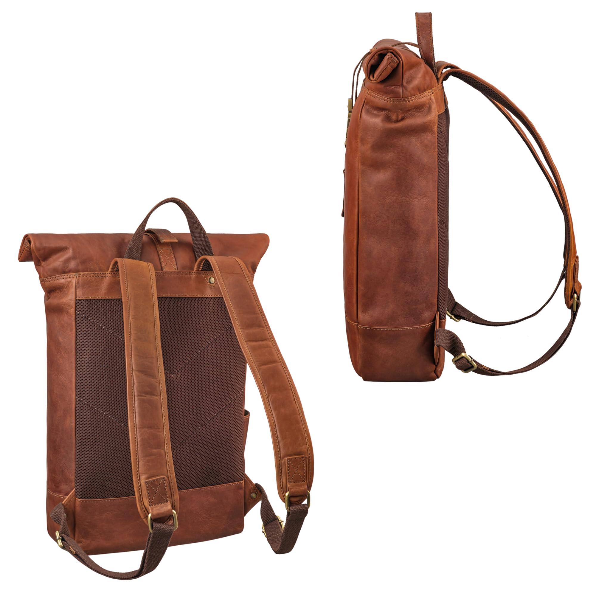 STILORD Harriet Mochila Roll Top de Cuero para Bicicleta y Bandolera Portátil 15,6-17 Pulgadas Grande Daypack de Viaje de Piel Genuina Color:Cognac-marrón