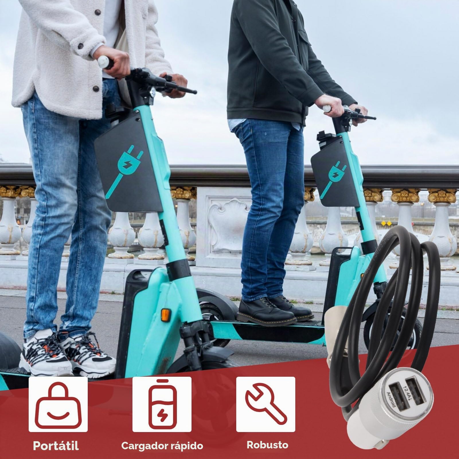 Cargador Para Silla De Ruedas Eléctrica, Cargador De Scooter De Movilidad USB 1 Para 2 Cable USB Universal De Carga Rápida De Aleación De Zinc Para Vehículos Pequeños Y Scooters Movilidad Eléctrica