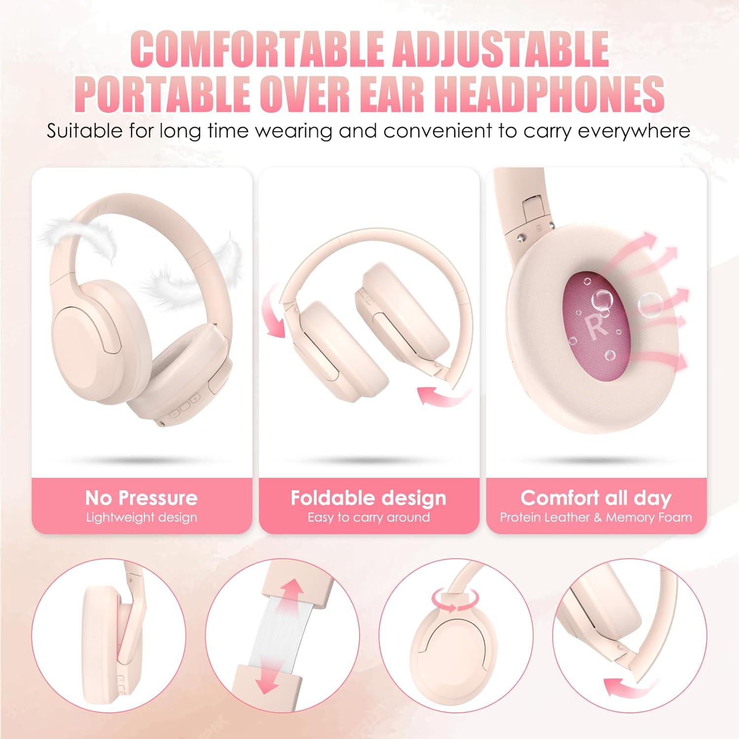 Active Noise Cancelling Headphones, Wireless Over Ear Bluetooth Headphones,100H Play Time Bluetooth Headphone with Microphone,Lightweight and Foldable Comfortable Deep Bass for Work/Gym Pink - Image 5