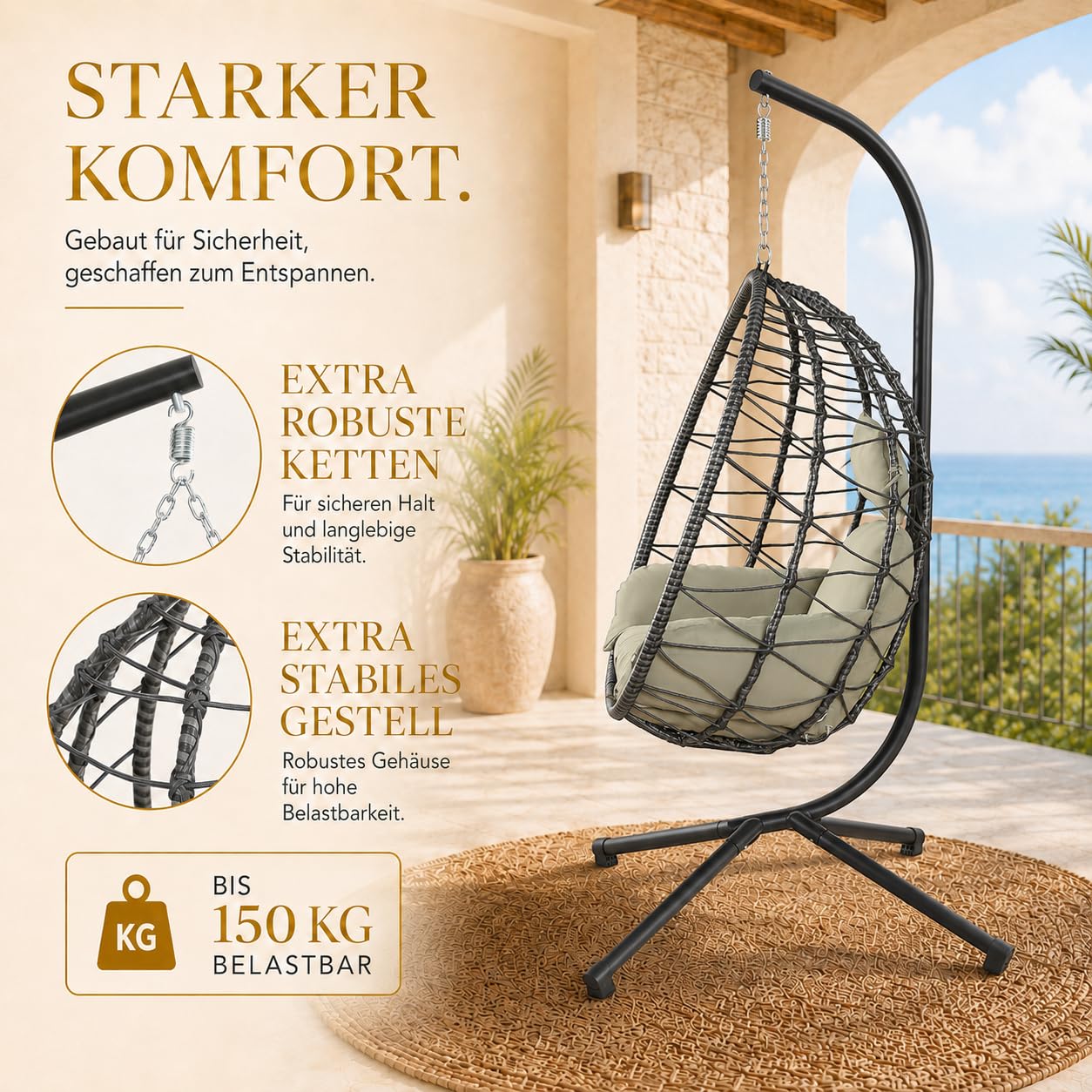 Hängesessel mit Gestell höhenverstellbar Indoor & Outdoor inkl. Kissen - Korbhängesessel bis 150 kg Garten Schaukel aus Polyrattan faltbar ergonomisch - Wohnzimmer Balkon Terrasse in Grün/Grau