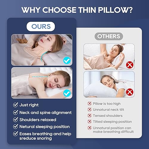 Miniatura 6 de OS OMYSTYLE Almohada plana ultra fina de 2.75 pulgadas, tamaño Queen